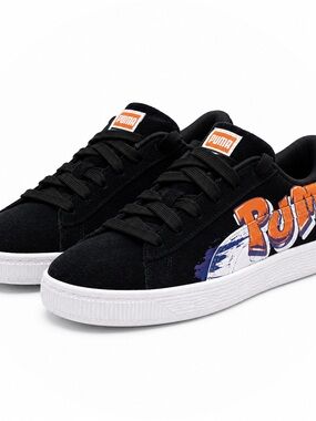 Puma Kids Black Suede Sneakers with Orange & Blue Graphic